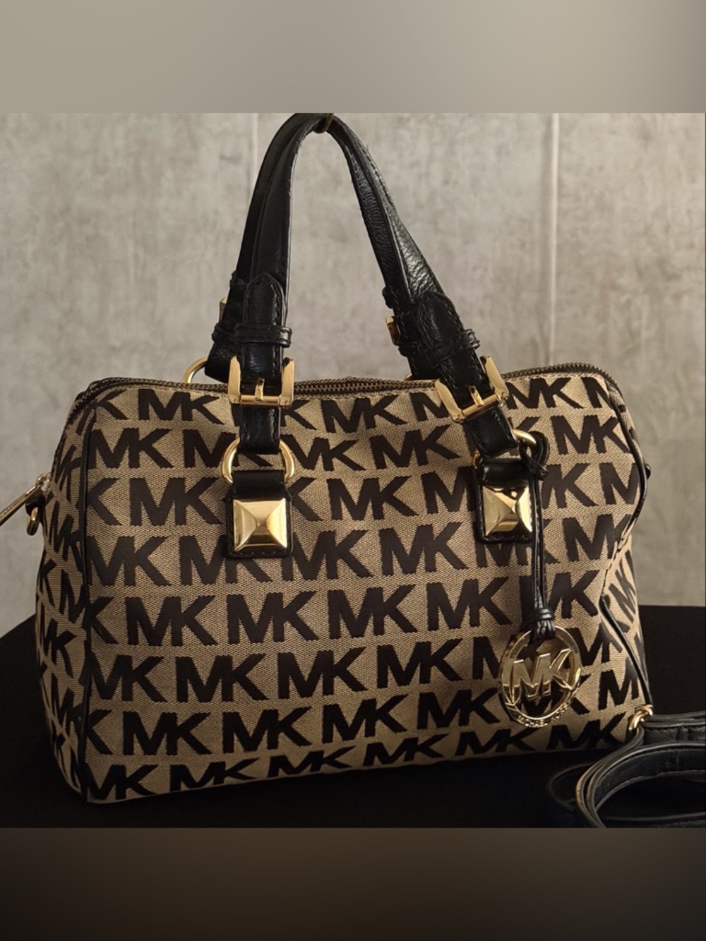 Michael Kors Grayson Medium Satchel Beige Blk Monogram Satchel Shoulder Handbag